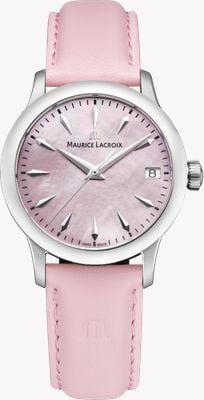Maurice Lacroix Quartz horloge uit 1975 (33 mm) met roze parelmoeren wijzerplaat en roze leren band. 751006-SS001-560-6