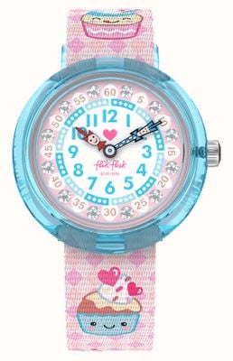 Flik Flak Asse para crianças (31,85 mm) mostrador branco e rosa / pulseira de tecido com padrão de bolo rosa FBNP219