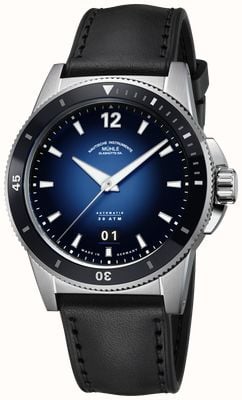 Mühle Glashütte Sportivo Big Date automatisch horloge (42,5 mm) met diepblauwe wijzerplaat en zwarte hybride lederen band. M1-52-42-LK