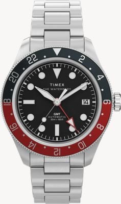 Timex Waterbury Heritage Automatic GMT (41,5 mm) mostrador preto / pulseira de aço inoxidável TW2Y60600