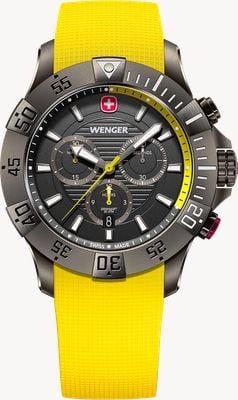 Wenger Chronograf kwarcowy Seaforce (43 mm) z czarną tarczą / żółtym paskiem silikonowym 01.0643.129