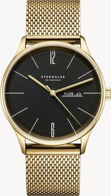 STERNGLAS Cuarzo Berlín (38 mm), esfera negra piano / pulsera de malla de acero inoxidable milanesa dorada de 20 mm. S01-BE04-MI05