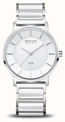 Bering Mostrador branco em prata polida solar (35 mm) / pulseira em aço inoxidável e cerâmica 19535-754