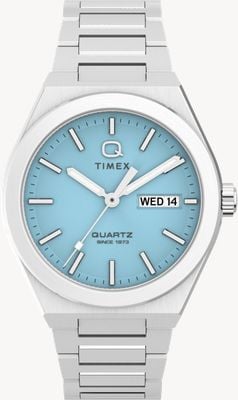 Relógio Timex Continental Day/Date (39 mm) com mostrador azul claro texturizado radialmente e pulseira de aço inoxidável. TW2Y35200