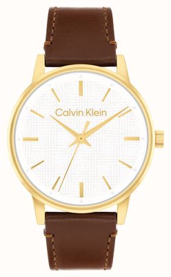 Calvin Klein Ck Linked (41 mm) strukturiertes weißes Zifferblatt / braunes Lederarmband 25200503