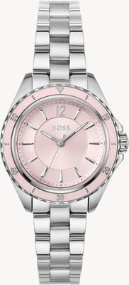 BOSS Salbeigrünes Aquamarin-Quarzuhr mit drei Zeigern (30 mm), rosa Zifferblatt / Edelstahlarmband 1502847