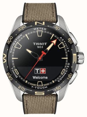 Tissot T-Touch Connect Solar-Titan (47,5 mm) mit schwarzem Zifferblatt und beigem, synthetischem, genarbtem Rindslederarmband T1214204705107