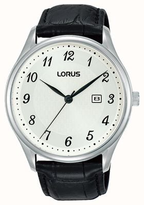 Lorus Klassisches Datum (42,2 mm), weißes Sonnenschliff-Zifferblatt / schwarzes Leder RH913PX9