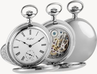 Woodford Relógio de bolso mecânico Double-Hunter com ponteiro de segundos - mostrador branco / caixa de aço inoxidável 1094