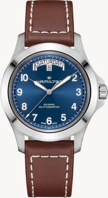 Hamilton Montre Khaki Field King Day-Date automatique (40 mm), cadran bleu soleillé, bracelet en cuir marron H64475540