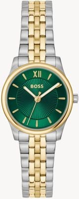 BOSS Elegante relógio Mina de quartzo com três ponteiros (25 mm), mostrador verde e pulseira bicolor em aço inoxidável. 1502841