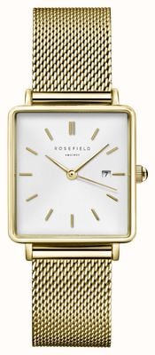 Rosefield Cadran blanc Boxy (26 mm) / bracelet en maille d'acier inoxydable plaqué or QWSG-Q03