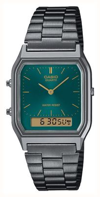 Casio Collection AQ-230A-9AMQYES – Orologio Unisex Al Quarzo, Analogico-Digitale, Cinturino Acciaio Grigio, Quadrante Verde