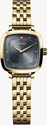 Wenger Klassischer Vintage-Quarz (27 mm) mit grauem Sonnenschliff-Zifferblatt und goldfarbenem PVD-beschichtetem Edelstahlarmband 01.1911.106