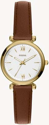 Fossil Relógio Carlie de quartzo com três ponteiros (28 mm), mostrador branco e pulseira de couro marrom. ES5464
