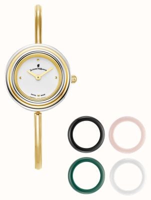 Jacques Du Manoir Coffret montre Aurora et bague supérieure (26 mm), cadran blanc / bracelet jonc en PVD or JWL05401