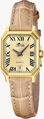 Lotus Square Quarzuhr (21,2 mm) mit goldfarbenem Zifferblatt mit Sonnenschliff und hellbraunem Lederarmband 19083/2