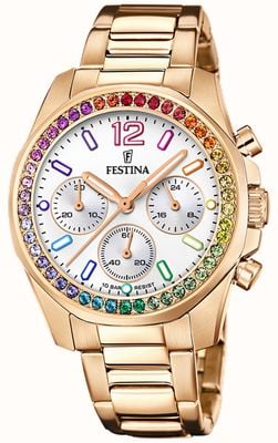 Festina Relógio crono feminino em aço rosa com pulseira em aço F20639/2