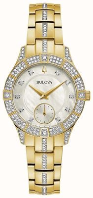 Bulova Mostrador em madrepérola fantasma de cristal feminino / pulseira de aço inoxidável em tom de ouro cristal 98L283