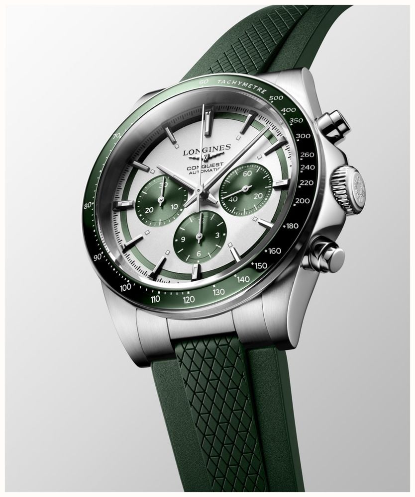 LONGINES Conquest Automatic Chronograph (42mm) Silver Sunray Dial / Green  Rubber L38354029 - First Class Watches™ SGP