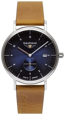 Bauhaus Clássico segundos pequenos de quartzo (41 mm) mostrador azul / pulseira de couro marrom claro 21303