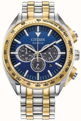 Citizen Cronógrafo masculino | condução ecológica | mostrador azul | pulseira de aço inoxidável de dois tons CA4544-53L