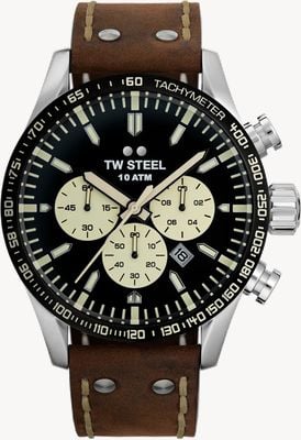 TW Steel Volante Quarz-Chronograph (48mm) Schwarzes Zifferblatt / Armbanduhr mit braunem Lederarmband VS120