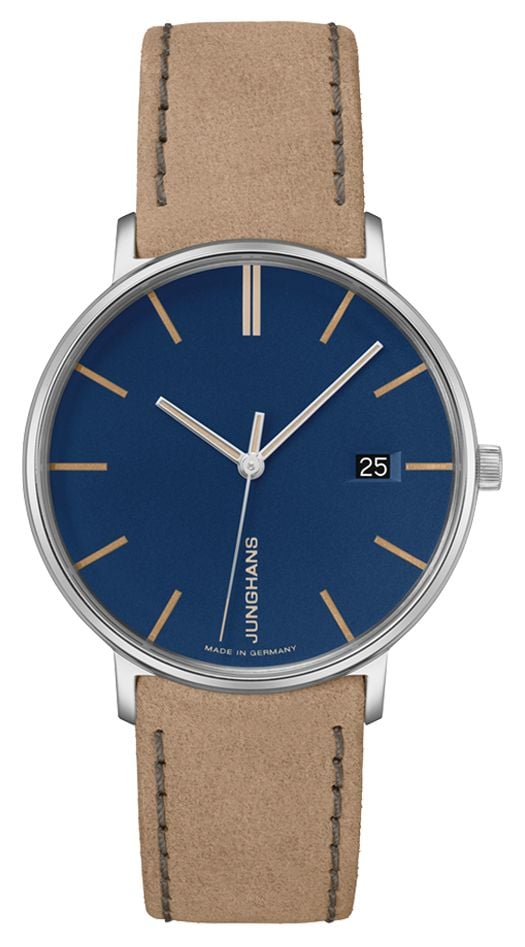 Junghans Vorm dame | blauwe wijzerplaat | beige lederen band horloge