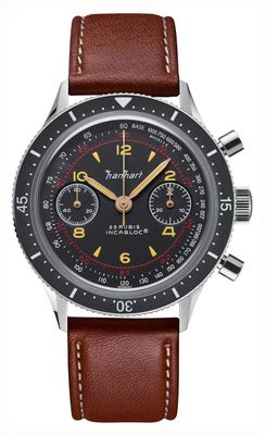 Hanhart 415 es iconic (39 mm) czarna tarcza / ciemnobrązowy skórzany pasek - m H703.210-8110