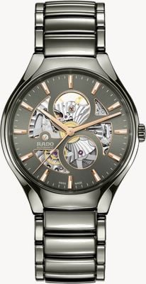 RADO Echtes rundes Automatik-Uhrwerk mit offenem Herzen (40 mm) mit grauem Zifferblatt / Armband aus polierter Plasma-Hightech-Keramik R27108112