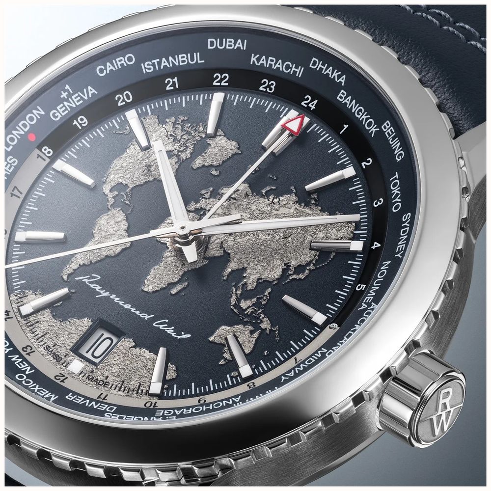 Raymond Weil Freelancer World-Traveller GMT Limited Edition (40mm) Blue 'World Map' Dial / Blue Leather Strap 2762-STC-02026 - vista alternativa 5