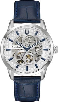 Bulova Sutton Automatik (40 mm) silbernes Skelettzifferblatt / blaues Lederarmband 96A330