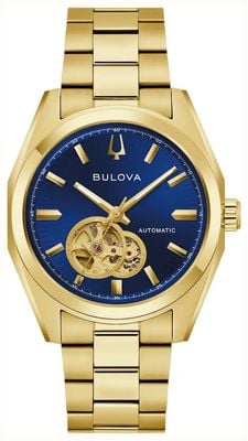 Bulova Surveyor Open-Heart Automatic (39mm) Blue Sunray Dial / Gold PVD Stainless Steel Bracelet 97A203