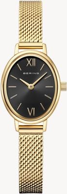 Bering Klassische ovale Quarzuhr (20mm) mit schwarzem Sonnenstrahl-Zifferblatt und goldenem Milanese-Mesh-Armband 11020-332