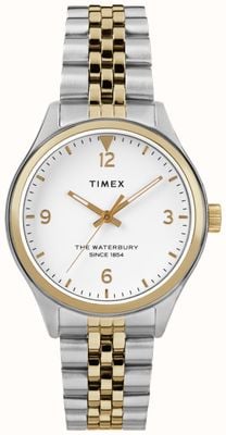Timex Mostrador branco waterbury feminino / pulseira de aço inoxidável de dois tons TW2R69500
