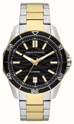 Armani Exchange Cadran noir pour homme (44 mm) / bracelet en acier inoxydable bicolore AX1956