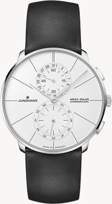 Junghans Cronoscopio Meister fein mega solare (39,5 mm) quadrante bianco/pelle nera 59/4200.00