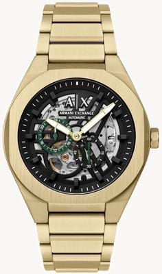 Armani Exchange Mechaniczny szkielet (44 mm) z czarną tarczą szkieletową / bransoletą ze stali nierdzewnej z powłoką PVD w kolorze złotym AX4194