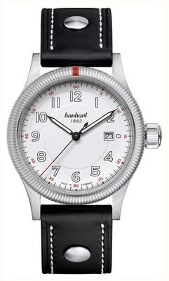 Hanhart Pioneer One Automatic (42 mm) quadrante bianco / cinturino in pelle nera con rivetti - m 762.200-0010