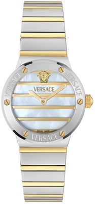 Versace Кварцевый (33 мм) перламутровый циферблат с логотипом Greca / двухцветный браслет из нержавеющей стали VE0S00325