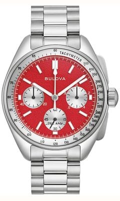 Bulova Lunar Pilot Chronograph Blood Moon (43.5mm) Red Dial / Stainless Steel + Black Leather Strap Set 96K115
