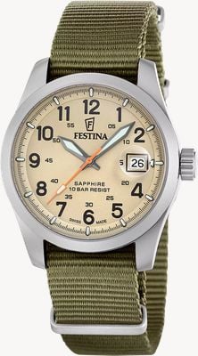 Festina Swiss Made Field Quartz (39mm) Beige Dial / Green Nylon NATO Strap Sapphire Glass F20082/1