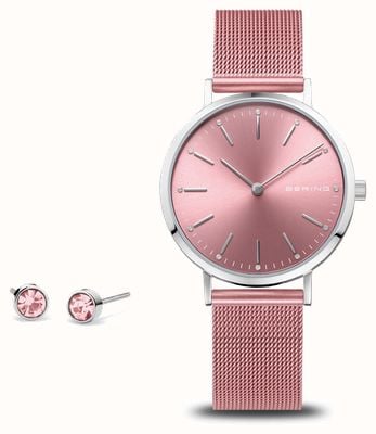 Bering Set de regalo benéfico para mujer (34 mm) con esfera rosa y pulsera de malla de acero rosa 14134-999-GWP
