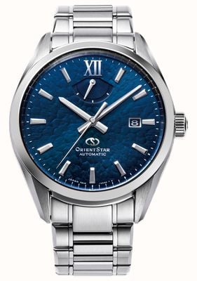 Orient Star M34 f8 datum automatisch (40 mm) glinsterende blauwe wijzerplaat / roestvrijstalen armband RE-BX0004L00B