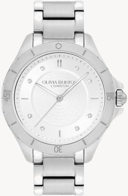 Olivia Burton Sportlicher Luxus | weißes guillochiertes Zifferblatt | Edelstahlarmband 24000039