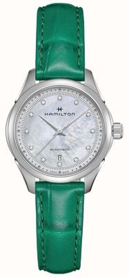 Hamilton Automatyczna tarcza Jazzmaster Lady (30 mm) z masy perłowej i zielony skórzany pasek H32275890
