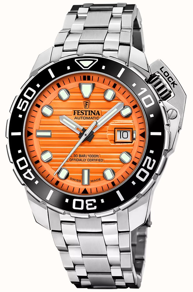 Festina Conjunto de pulseira de aço inoxidável mostrador laranja  automático suíço Cosc Diver (47,3 mm) F20043/3