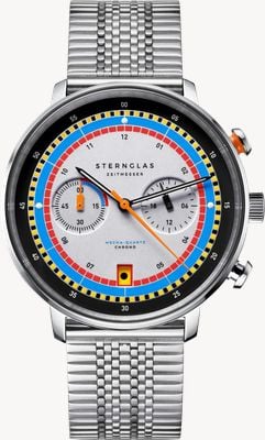 STERNGLAS Cronógrafo de regata de cuarzo mecánico de Hamburgo (42 mm) esfera plateada/brazalete de acero inoxidable superdelgado S01-HC36-ME08