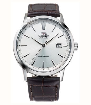 Orient Montre mécanique contemporaine (41,6 mm), cadran argenté, bracelet en cuir marron RA-AC0F07S30B