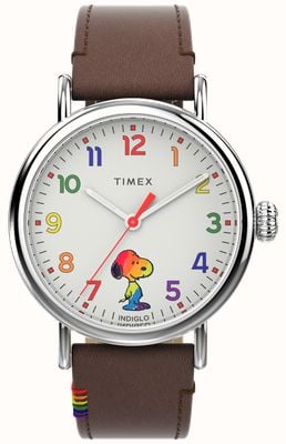 Timex Standard Peanuts Love (40 mm) cadran blanc / bracelet en cuir marron TW2W53900